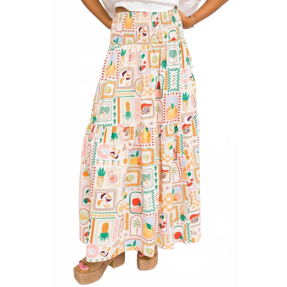 NEW KARLIE fruit basket maxi skirt in ivory multi